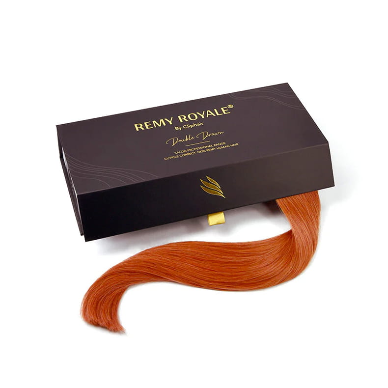 Flaming Ginger (#350) Remy Royale Nano Ring Hair Extensions: extension and package