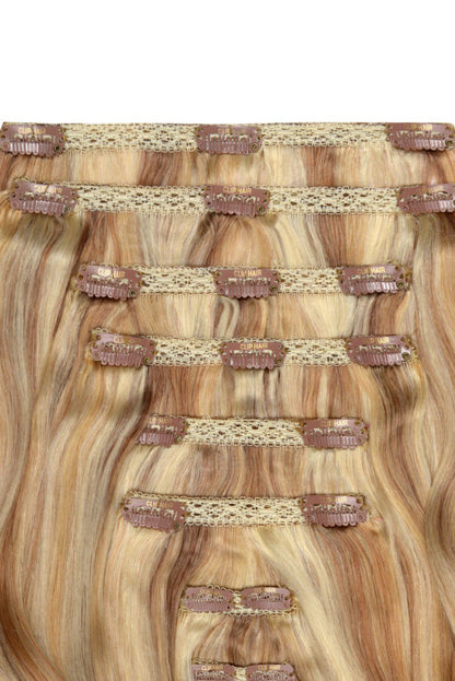 Double Wefted Full Head Remy Clip in Human Hair Extensions - Brown/Golden Blonde Highlights (#12/16/613) Double wefted full head cliphair 