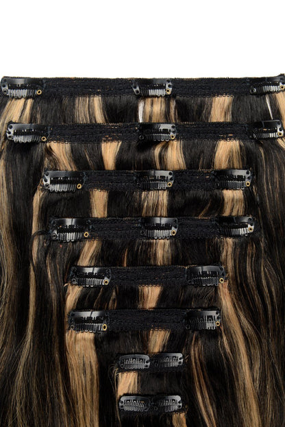 Double Wefted Full Head Remy Clip in Human Hair Extensions - Natural Black/Blonde Mix (#1B/27) Double wefted full head cliphair 