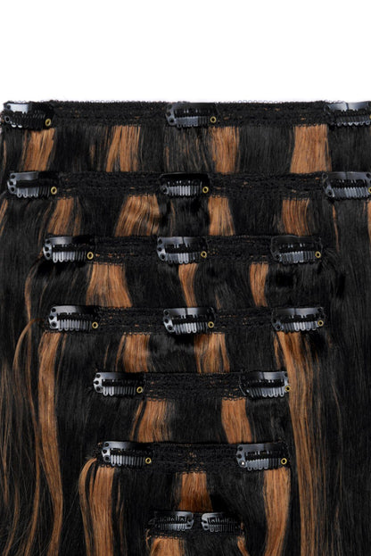Double Wefted Full Head Remy Clip in Human Hair Extensions - Natural Black/Auburn Mix (#1B/30) Double wefted full head cliphair 