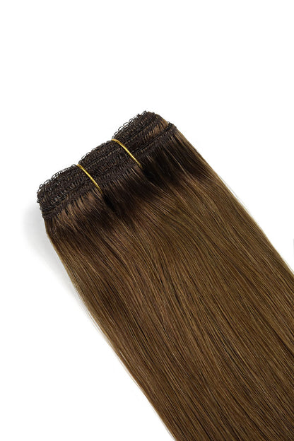 Weft weave hair extensions double drawn hair light chestnut brown closeup image