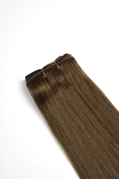 Weft weave hair extensions double drawn hair ash brown hair closeup image