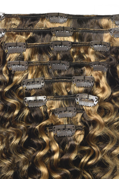 Curly Full Head Remy Clip in Human Hair Extensions - Medium Brown/Strawberry Blonde Mix (#4/27) Curly Clip In Hair Extensions cliphair 
