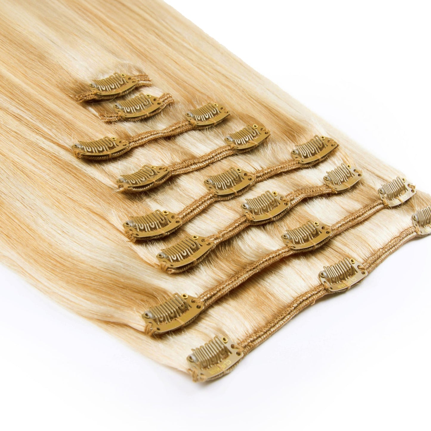 Natural Sandy Blonde (#12/16/613) Full Head Set Hair Extensions: attachment method