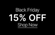 Black Friday sale banner with 15% off and 'Shop Now' text on a black background