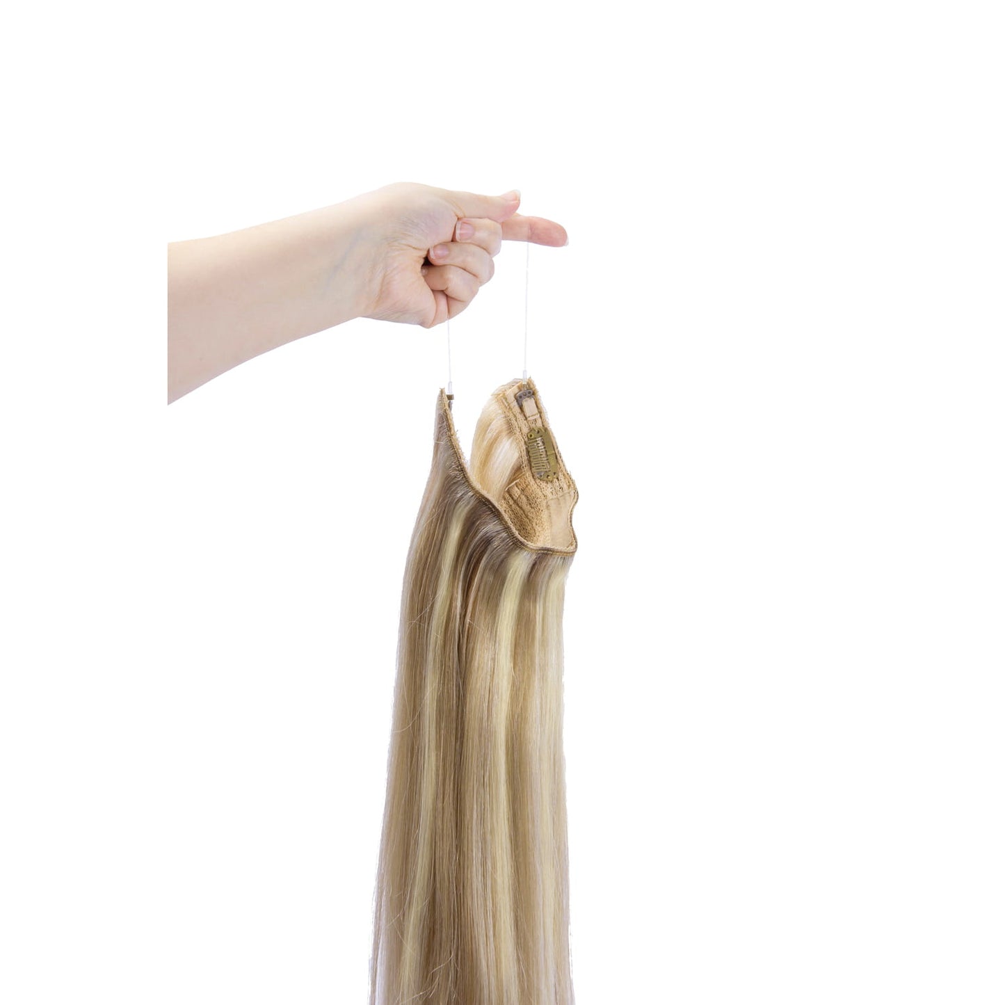 Biscuit Blondey (#18/613) Halo Hair Extensions: hand holding extension by a string