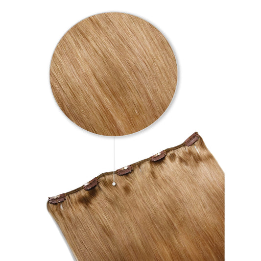 Lightest Brown (#18) One Piece Top-Up Hair Extensions: extension attachment method