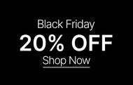 Black Friday sale banner with 20% off and 'Shop Now' text on a black background