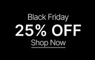 Black Friday sale advertisement with 25% off and 'Shop Now' text on a black background