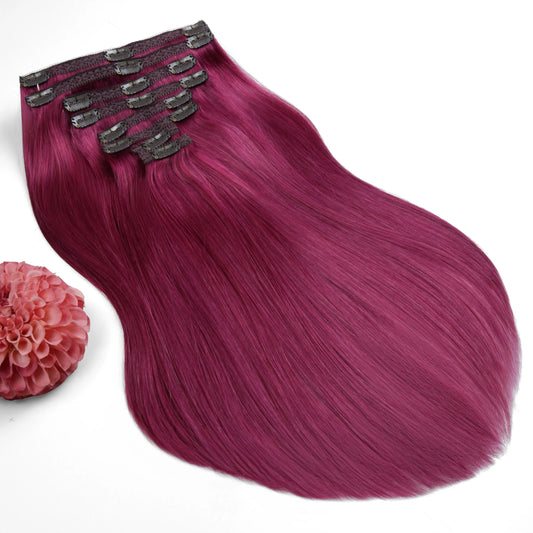 Plum/Cherry Red (#530) Double Wefted Full Head Clip In Hair Extensions