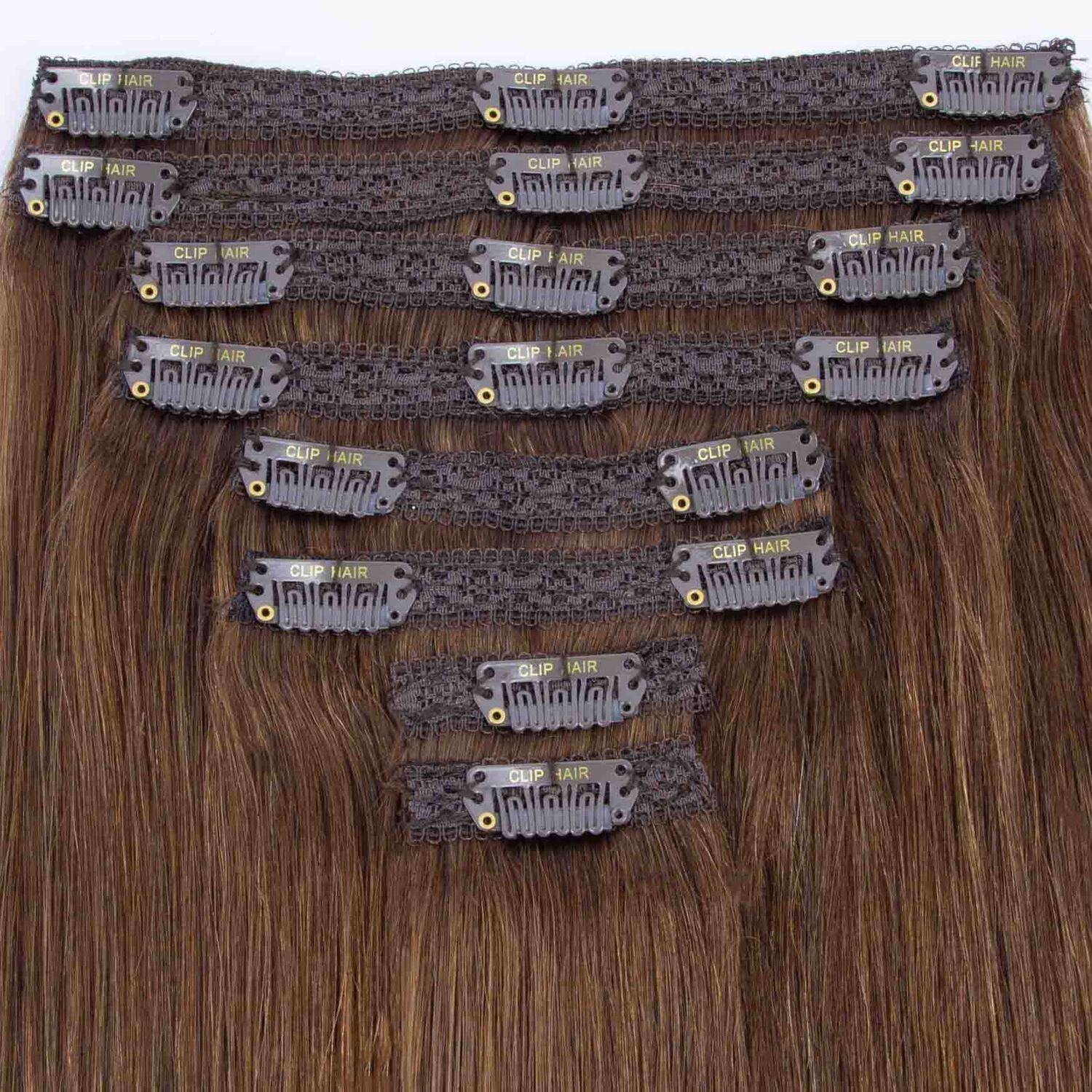 Light/Chestnut Brown (#6) Double Wefted Full Head Clip In Hair Extensions - Attachment method