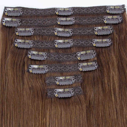Light/Chestnut Brown (#6) Double Wefted Full Head Clip In Hair Extensions - Attachment method