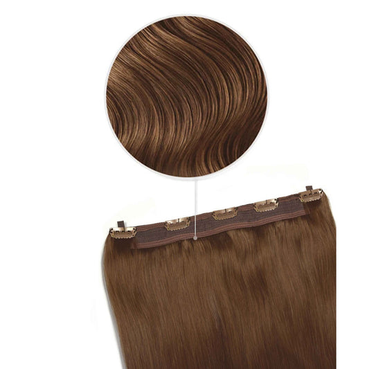 Light/Chestnut Brown (#6) Quad Weft Clip In One Piece Hair Extensions - Attachment method