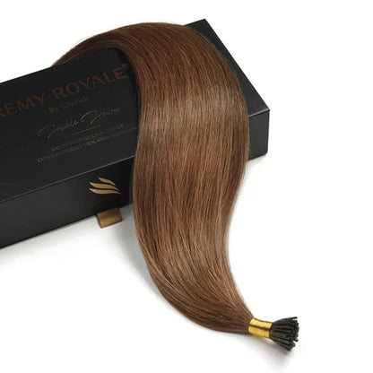 Light/Chestnut Brown (#6) Remy Royal I-Tips Hair Extensions - Hair extension and box