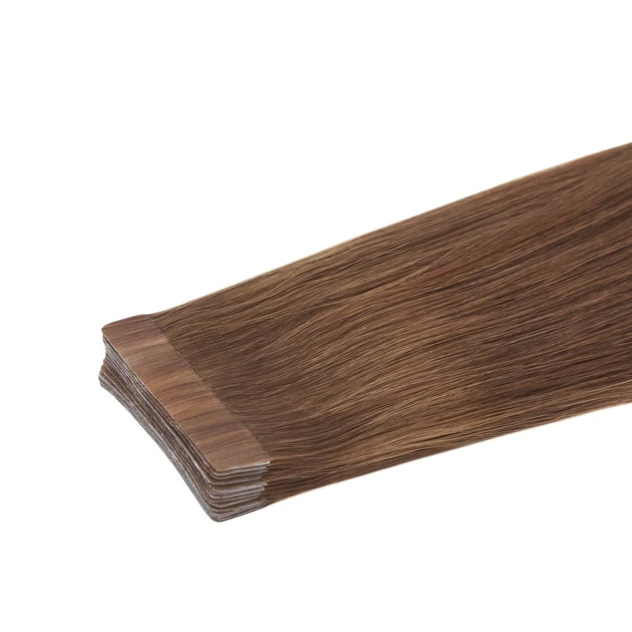 Light Brown (#6) Remy Royale Double Drawn Tape Hair Extensions - Hair extension zoomed in