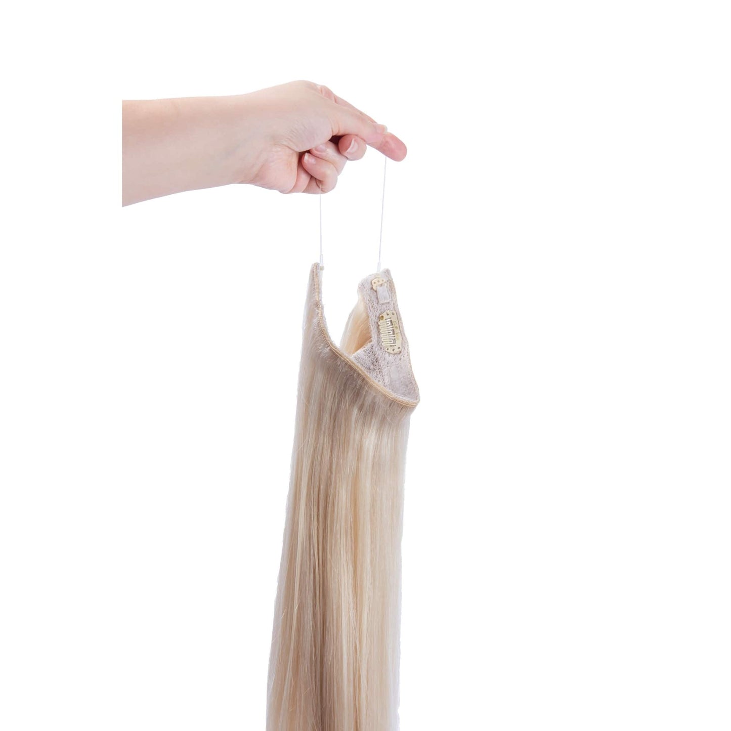 Hand Holding Lightest Blonde (#60) Halo Hair Extensions