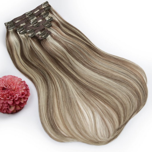 Double Wefted Full Head Remy Clip in Human Hair Extensions - Dirty Blonde (#9/613)