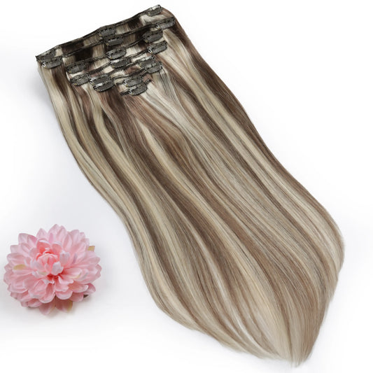 Full Head Remy Clip in Human Hair Extensions - Dirty Blonde (#9/613)