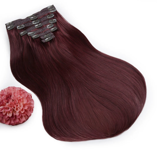 Mahogany Red (#99J) Double Wefted Full Head Clip In Hair Extensions