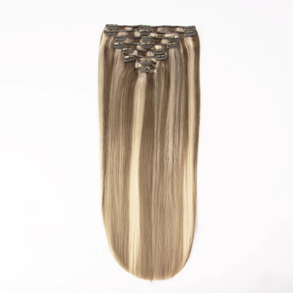 Full Head Remy Clip Human Hair Extensions Iced Cappuccino