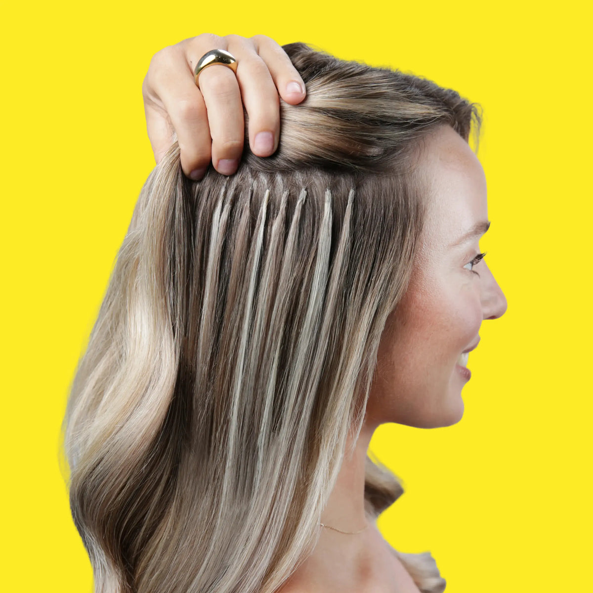 Oak Brondie Remy Royale Flat Tip Hair Extensions in use