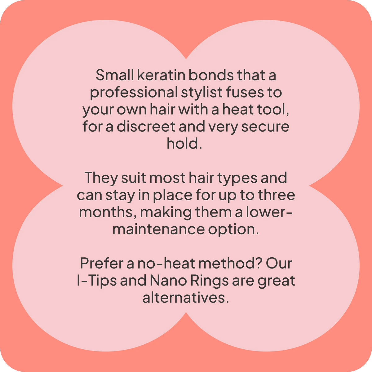 An informational graphic with a coral background and large pale pink rounded shapes containing text about keratin bonds, heat tools, hair types, and alternatives like I-Tips and Nano Rings.