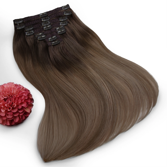 Double Wefted Full Head Clip in Hair Extensions - Soft Bronze Balayage