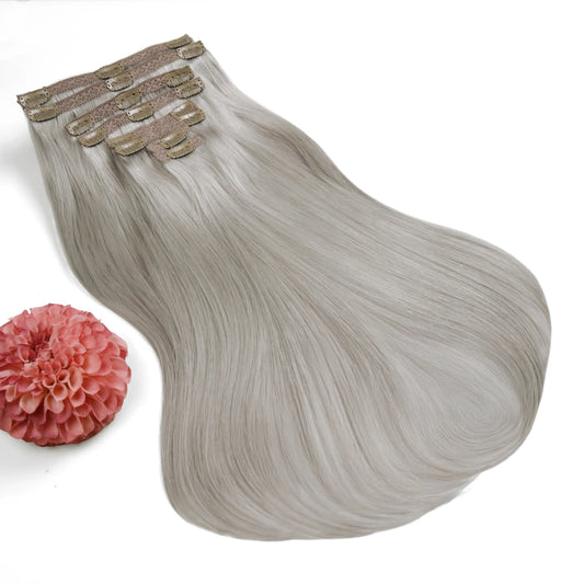 Double Wefted Full Head Remy Clip in Human Hair Extensions - Silver/Grey (#SG)