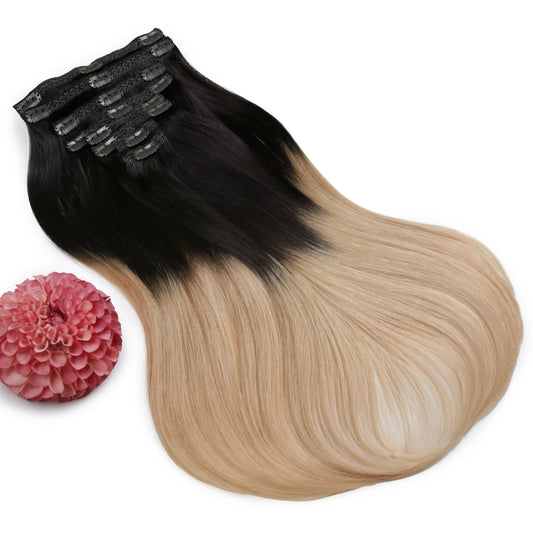 Double Wefted Full Head Remy Clip in Human Hair Extensions - Espresso Honey Ombre (#T2/27)