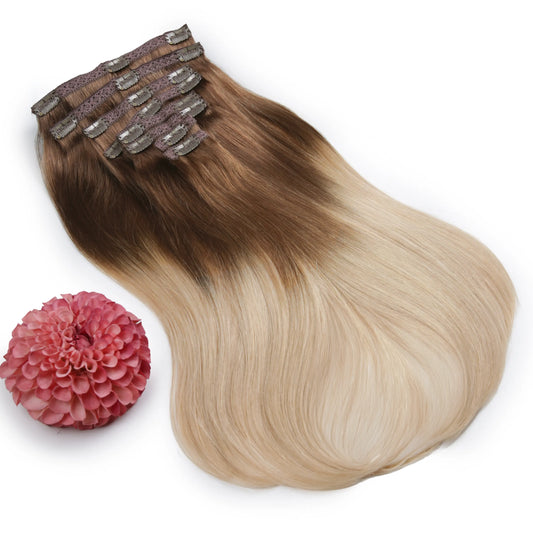 Double Wefted Full Head Remy Clip in Human Hair Extensions - Toffee Honey Ombre (#T6/27)