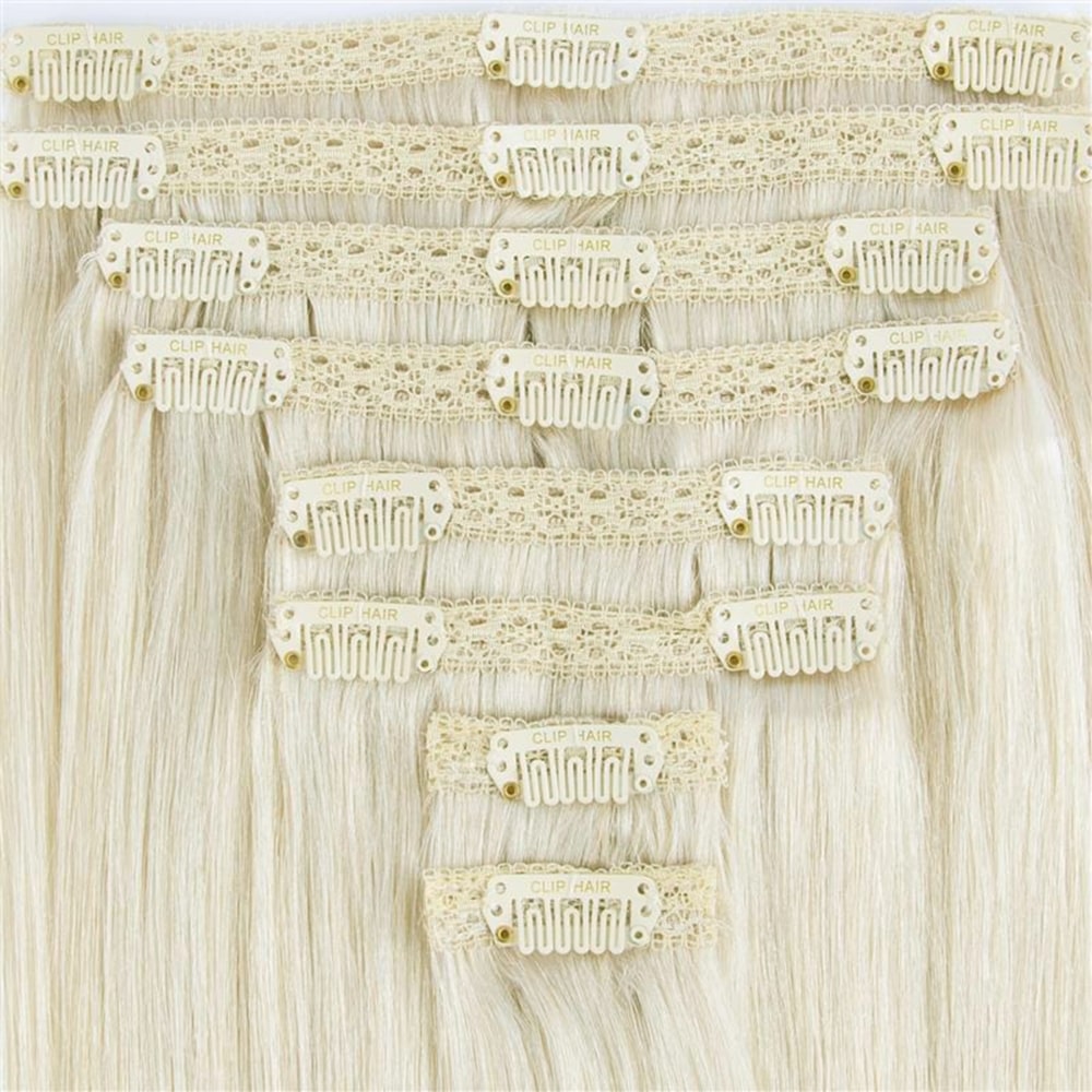 Double Wefted Full Head Remy Clip in Human Hair Extensions - Ice Blonde