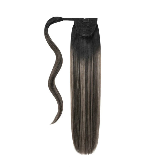 Silver Shadow Balayage Straight Up Wrap Around Ponytail Extension