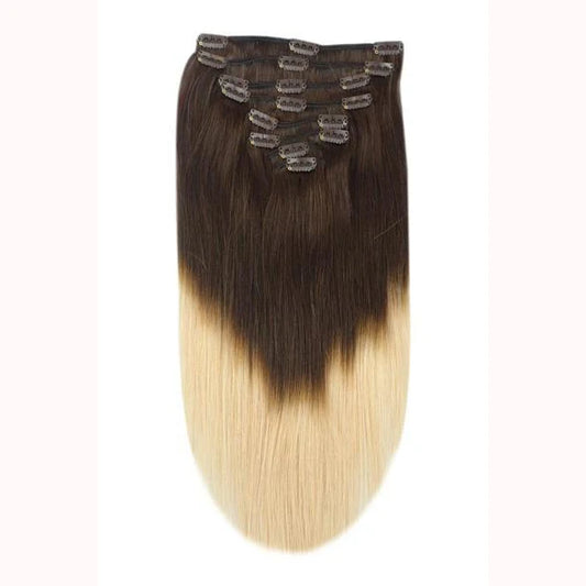 Double Wefted Full Head Remy Clip in Human Hair Extensions - Espresso Honey Ombre (#T2/27)