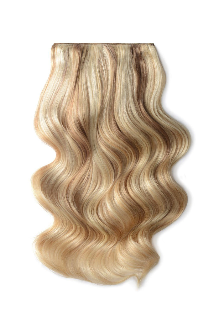 Double Wefted Full Head Remy Clip in Human Hair Extensions - Light Brown/Golden Blonde/Bleach Blonde Mix (#12/16/613)