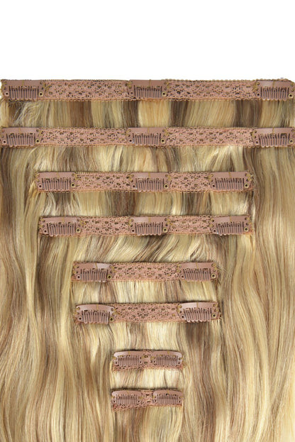 Double Wefted Full Head Remy Clip in Human Hair Extensions - Dark Blonde/Ash Blonde Mix (#14/22) Double wefted full head cliphair 