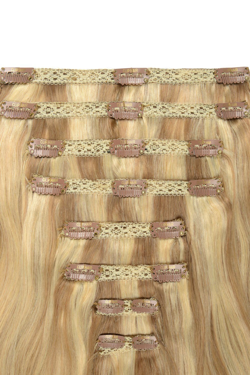 Double Wefted Full Head Remy Clip in Human Hair Extensions - Lightest Brown/Bleach Blonde Mix (#18/613) Double wefted full head cliphair 