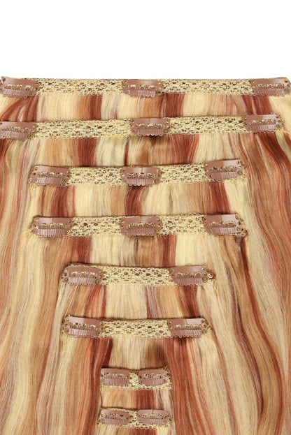 Double Wefted Full Head Remy Clip in Human Hair Extensions - Strawberry Blonde/Auburn/Bleach Blonde Mix (#27/33/613) Double wefted full head cliphair 
