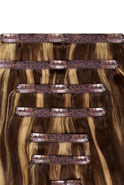 Double Wefted Full Head Clip in Human Hair Extensions - Brown Blonde Highlights (#4/27) Double wefted full head cliphair 