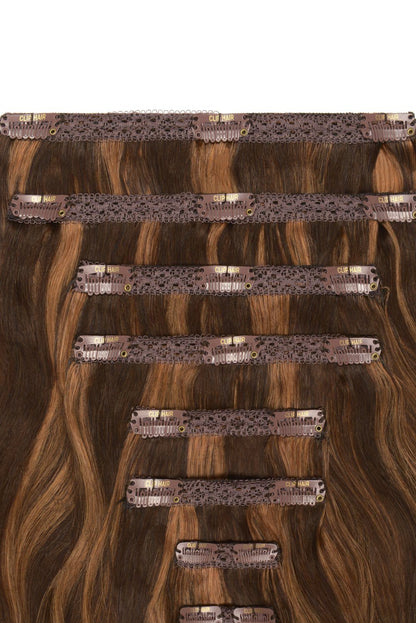 Double Wefted Full Head Remy Clip in Human Hair Extensions - Medium Brown/Auburn Mix (#4/30) Double wefted full head cliphair 