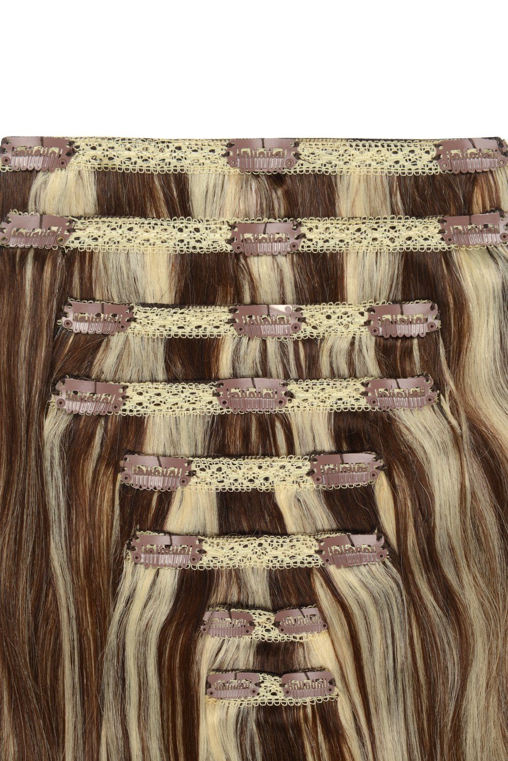 Double Wefted Full Head Remy Clip in Human Hair Extensions - Medium Brown/Bleach Blonde Mix (#4/613) Double wefted full head cliphair 