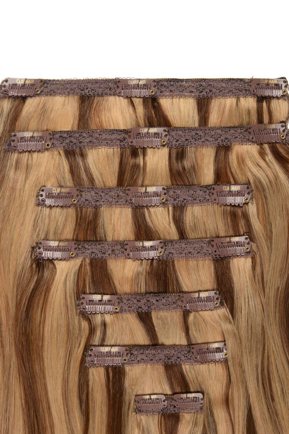 Double Wefted Full Head Remy Clip in Human Hair Extensions - Brown/Ginger Blonde Mix (#6/27) Double wefted full head cliphair 
