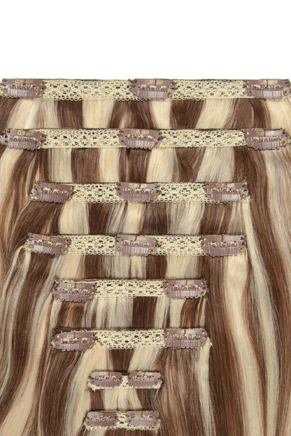 Double Wefted Full Head Remy Clip in Human Hair Extensions - Light Brown/Bleach Blonde Mix (#6/613) Double wefted full head cliphair 