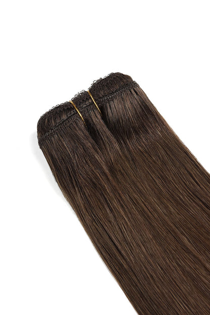 Weft weave hair extensions double drawn hair medium brown closeup image