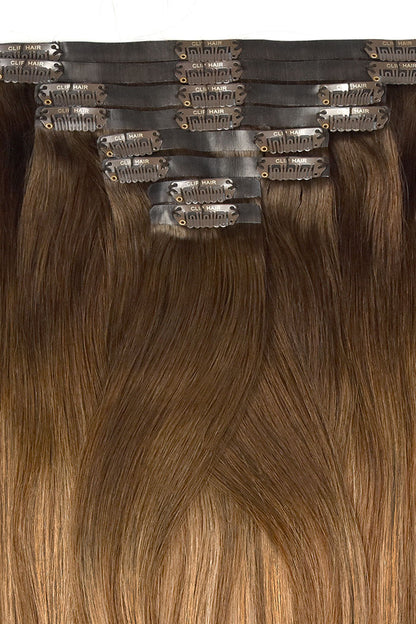 Soft Bronze Balayage Double Drawn Seamless Clip In Hair Extensions