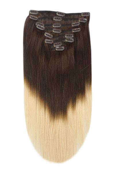 Double Wefted Full Head Remy Clip Human Hair Extensions Espresso Honey Ombre
