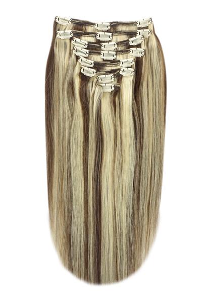 Full Head Remy Clip in Human Hair Extensions - Medium Brown/Bleach Blonde Mix (#4/613) Full Head Set cliphair 