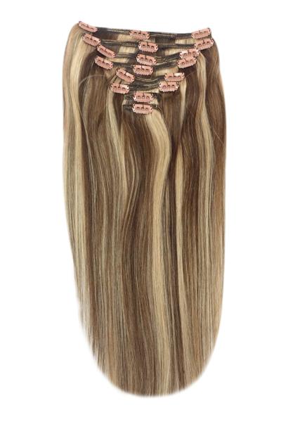 Full Head Remy Clip in Human Hair Extensions - Medium Brown/Strawberry Blonde Mix (#4/27) Full Head Set cliphair 